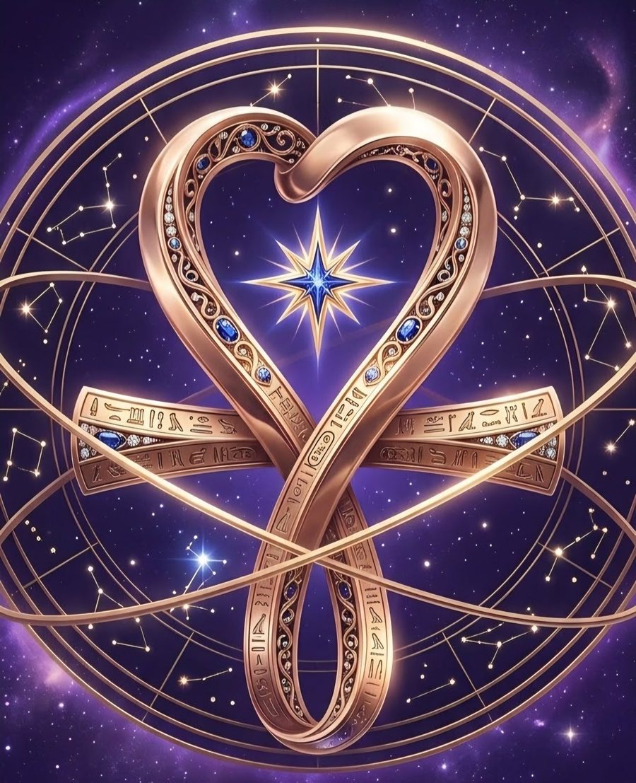 Emblema de ISIS: un corazón entrelazado con el nudo de Isis en oro rosa, la estrella Sirio al centro y una rueda celeste